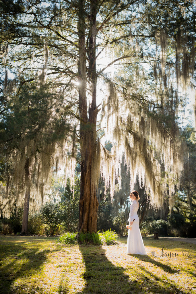 bride stands under tree with sunlit Spanish moss