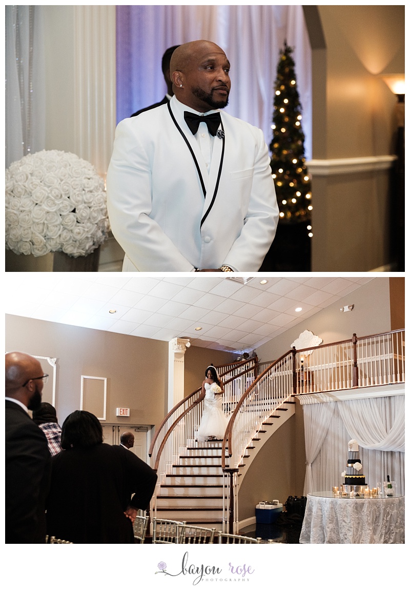 Groom sees bride and bride descends staircase for ceremony