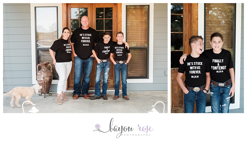 family in shirts celebrating adoption