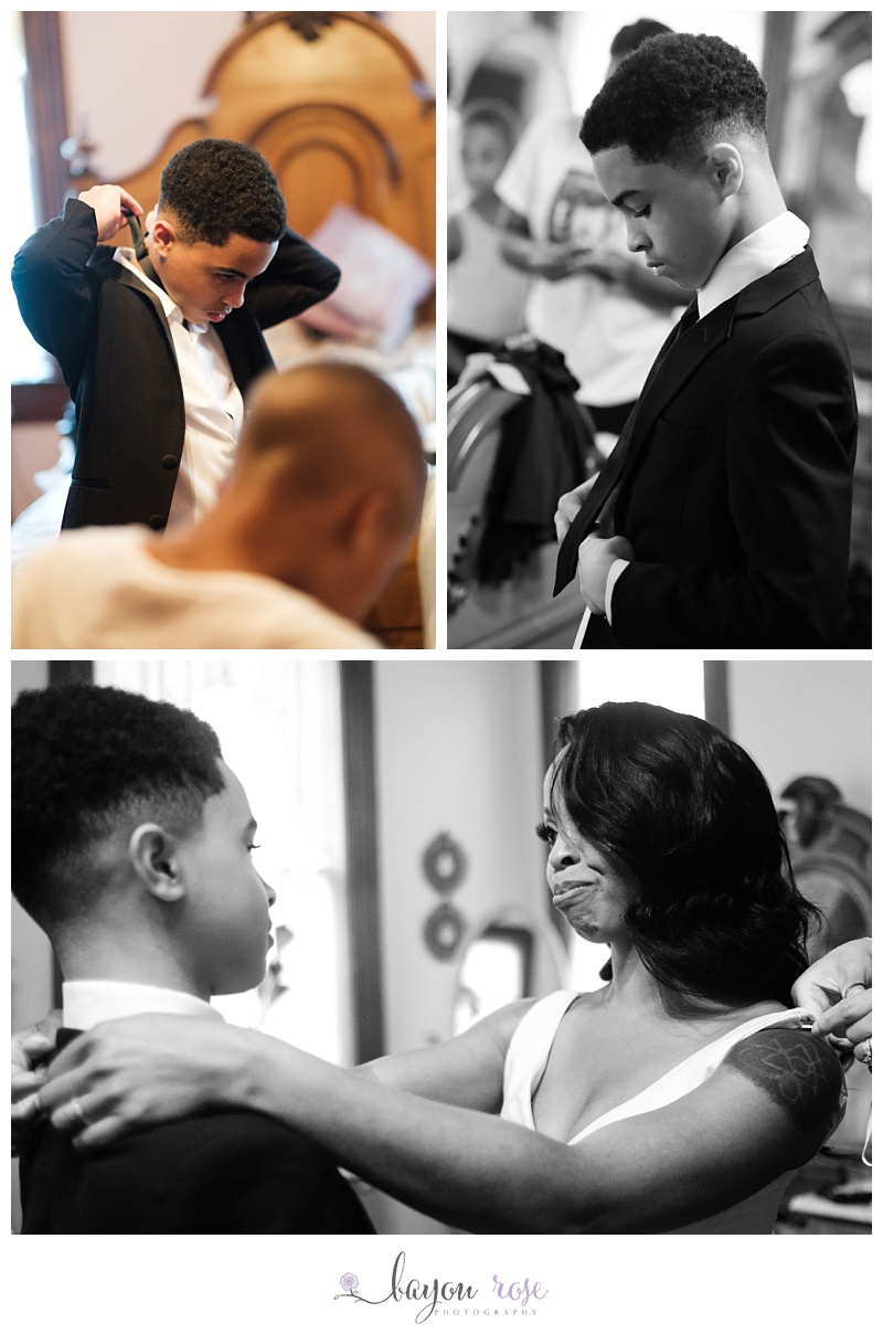 Bride gets ready with her son, looking at him affectionately