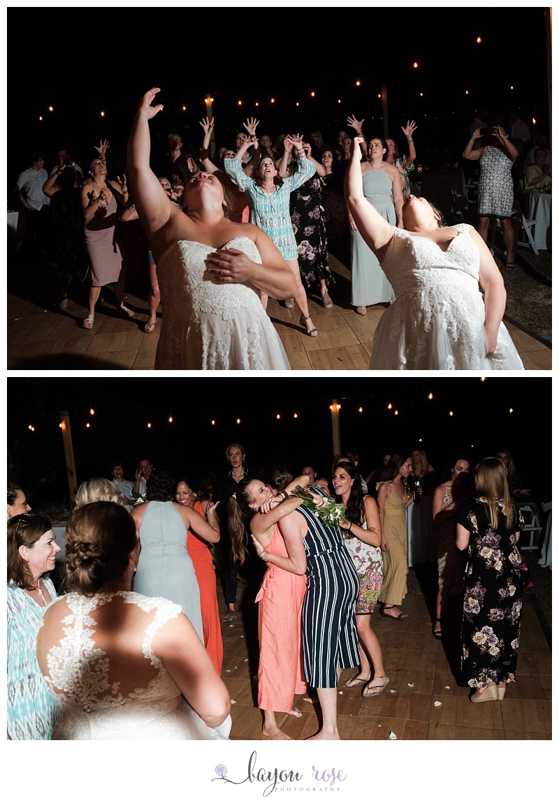 brides throwing bouquets at same time