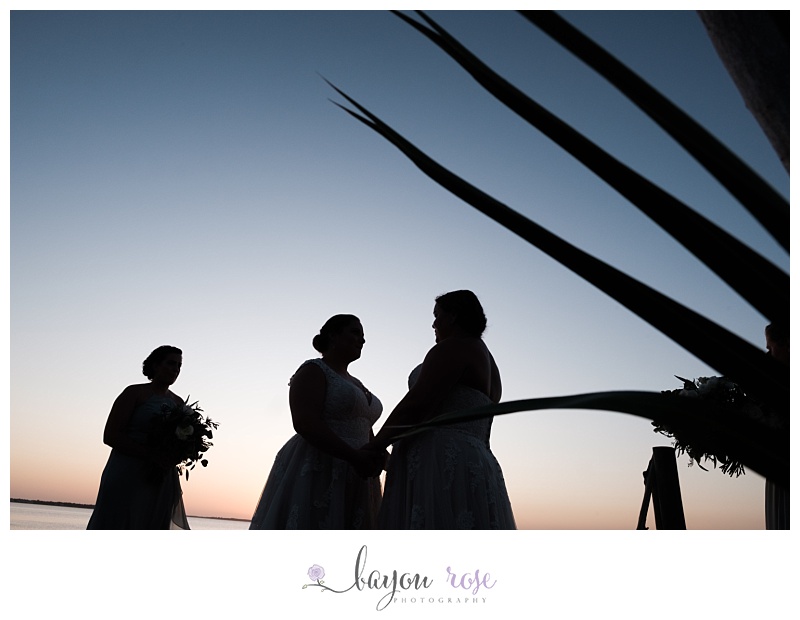 LGBTQ brides silhouetted near palm tree