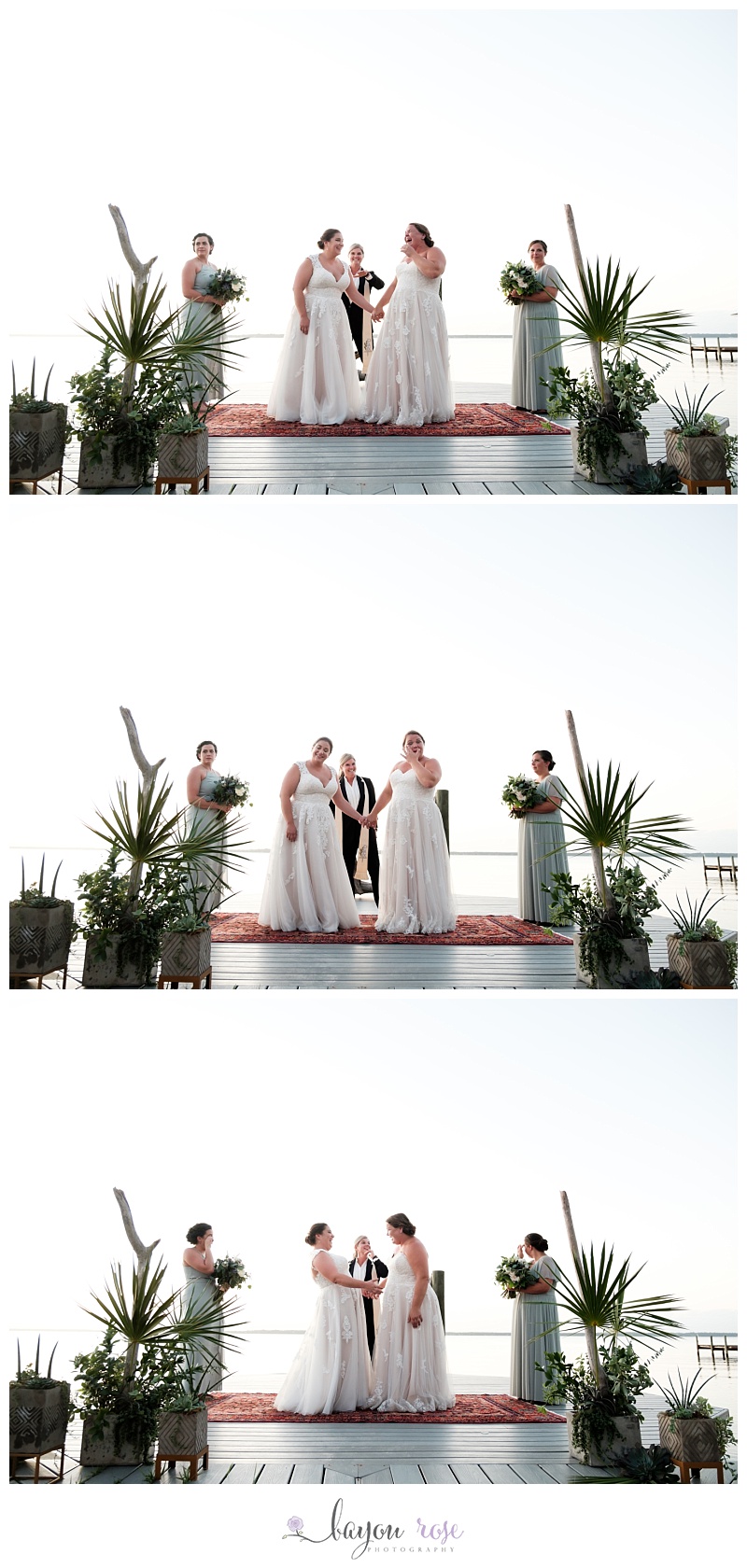 brides laughing during wedding ceremony on Pensacola dock