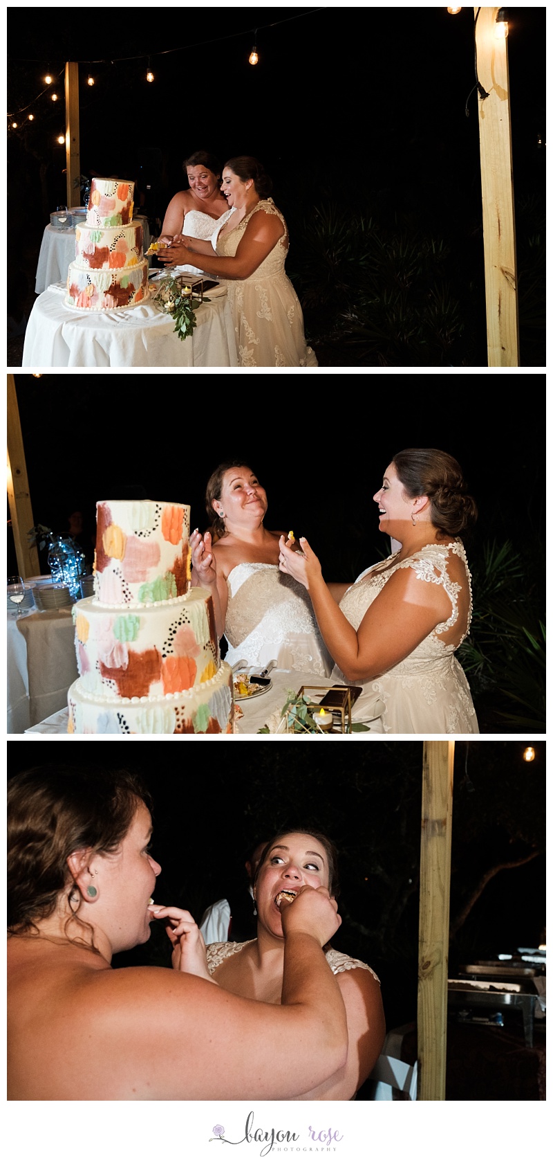 brides cutting rainbow colored cake