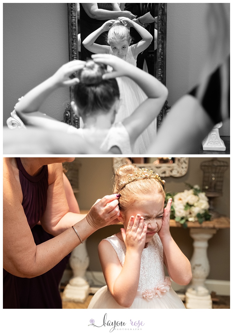 flower girl winces as crown hurts her head