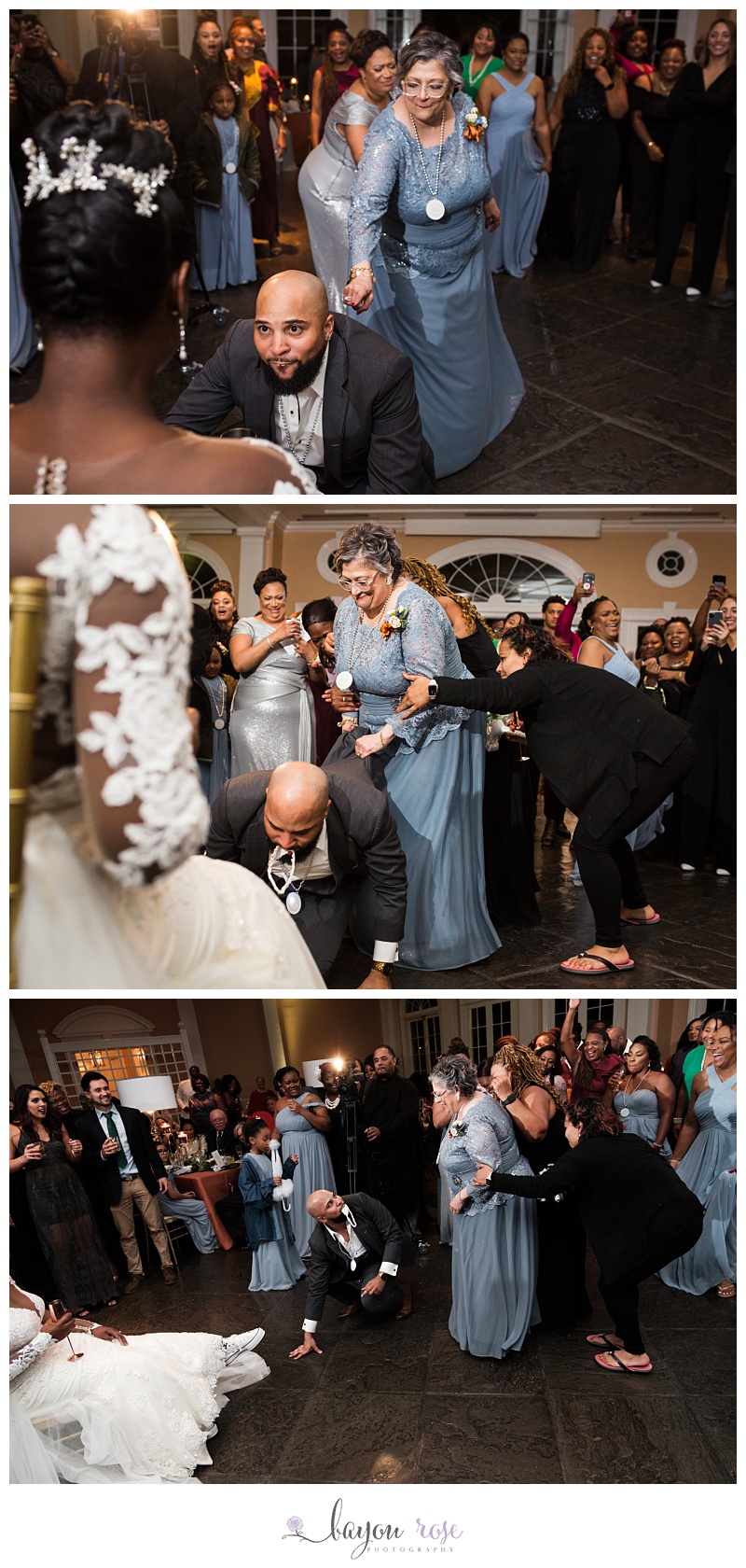 Funny garter toss at Pavilion of Two Sisters New Orleans wedding