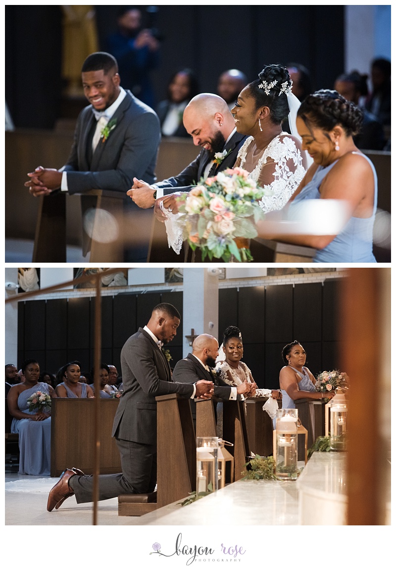 bride and groom exchange looks during wedding ceremony