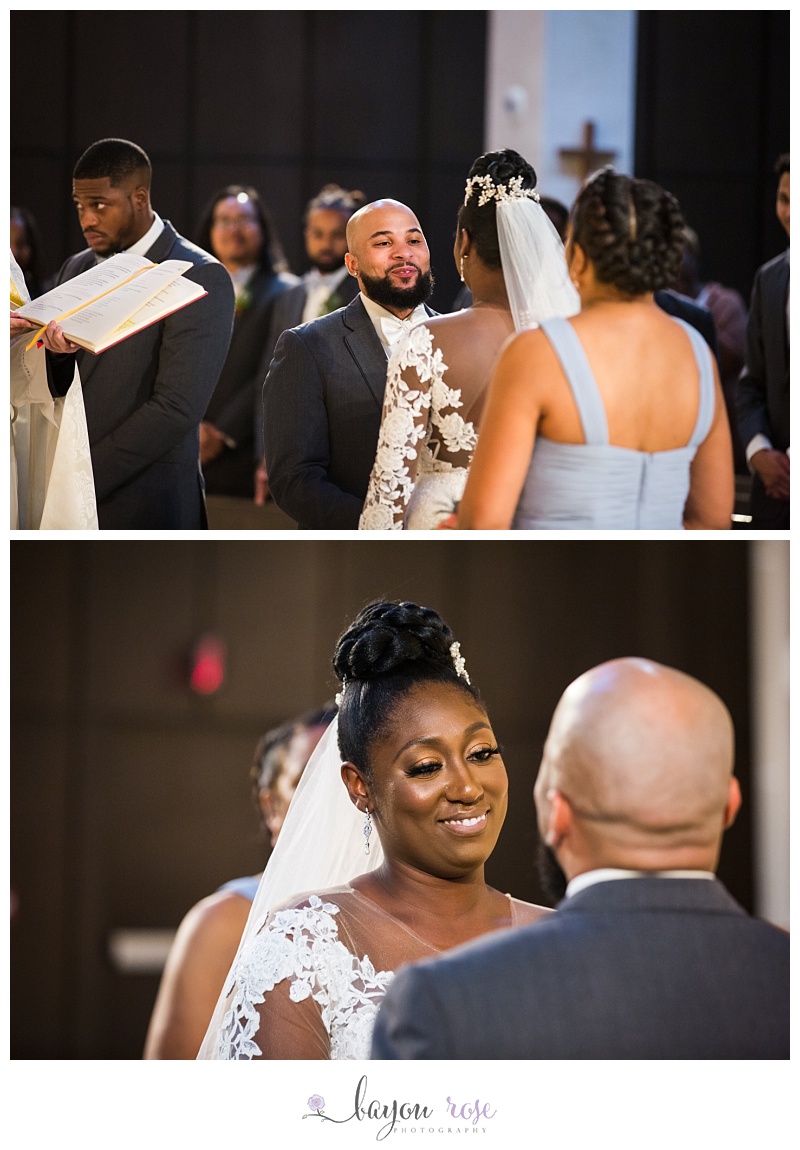 bride and groom smile during Catholic wedding ceremony at Transfiguration Church New Orleans