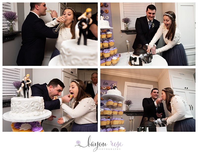 cupcake cake with bride and groom feeding one another