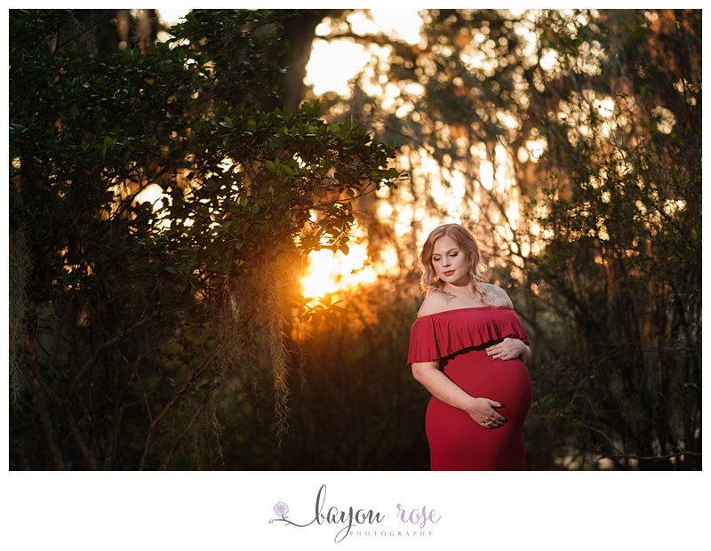 maternity photography image at sunset at Rosedown with Spanish moss