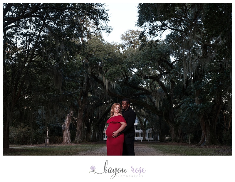 interracial maternity photography at Rosedown St Francisville with Spanish moss