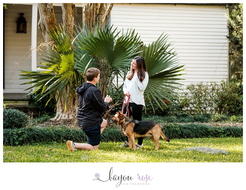 man proposes to girlfriend down on one knee while their dog looks on