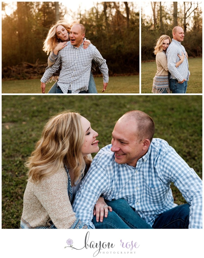 funny photo collage of couple making funny faces on engagement shoot in Baton Rouge