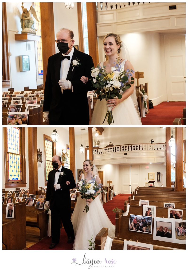 bride walking down church aisle with dad with cancer, surrounded by photos of guests taped to church pews