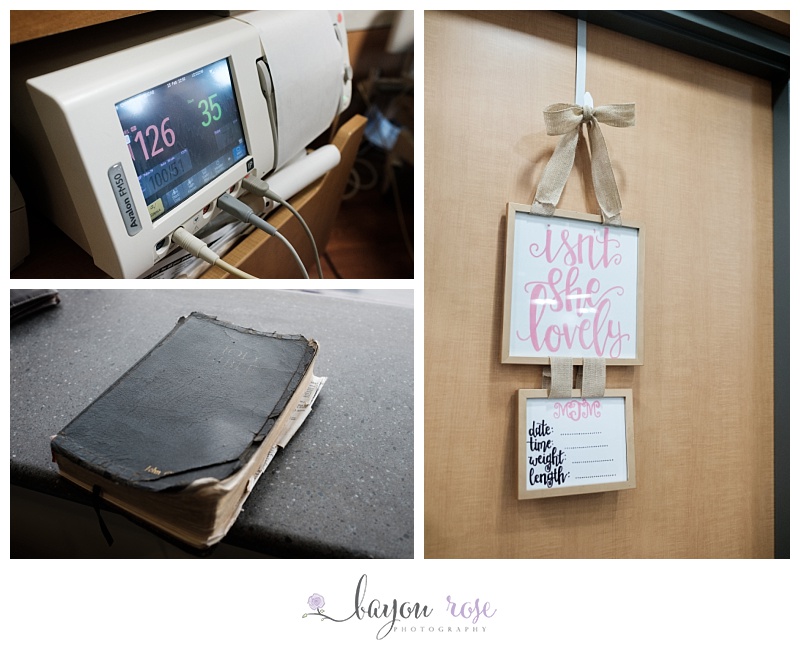 Image of family Bible, hospital baby sign and heart rate monitor