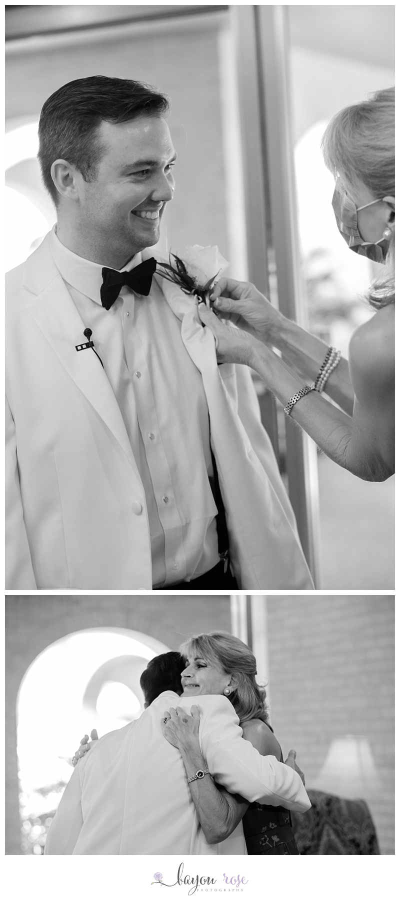 Groom getting boutonniere pinned by his mother on his wedding day, while his mom wears a mask