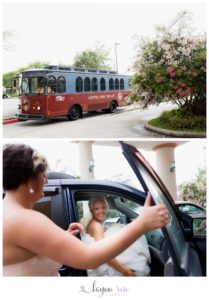 Bride getting into transportation on wedding day