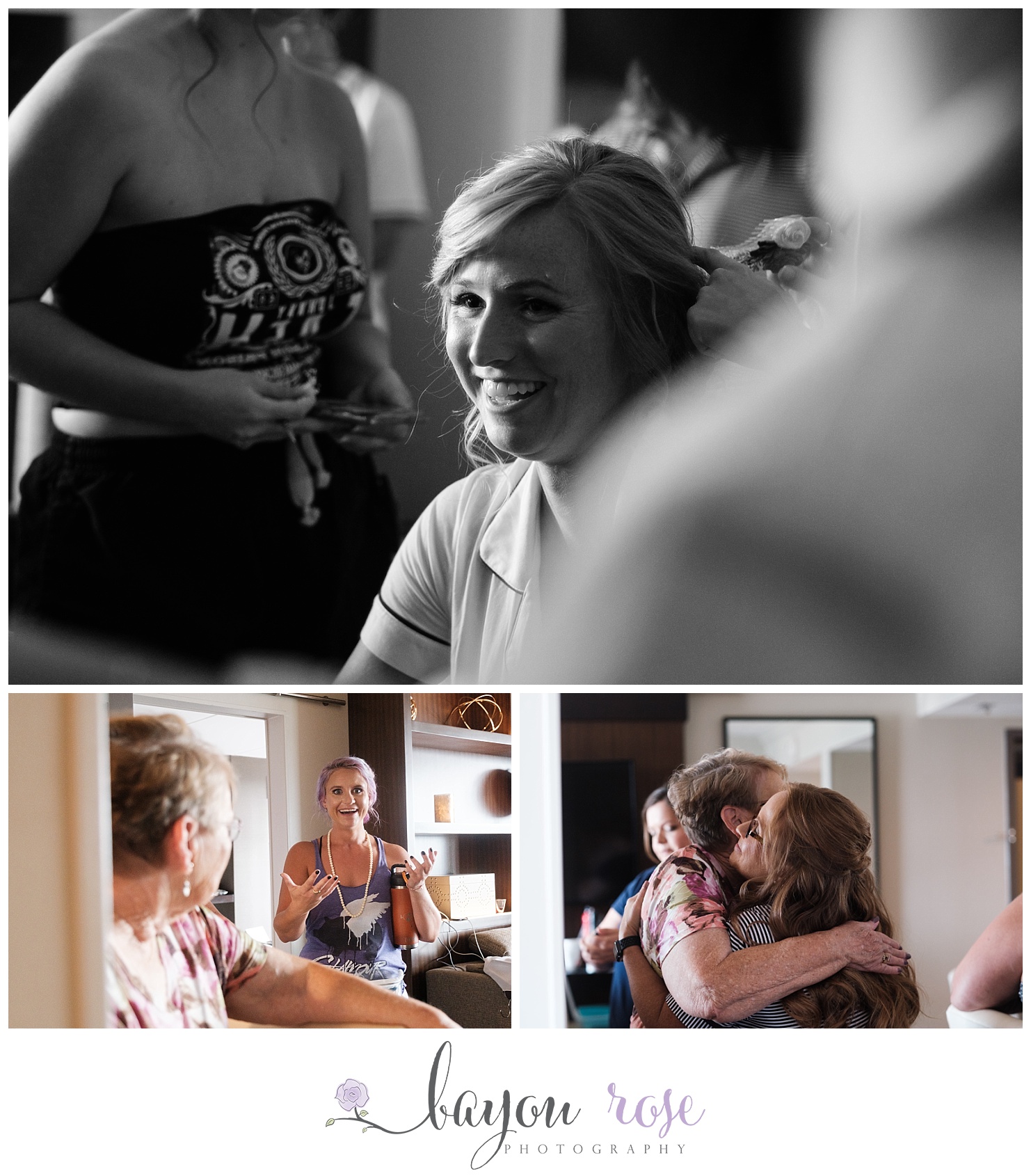 black and white image of bride getting her hair done