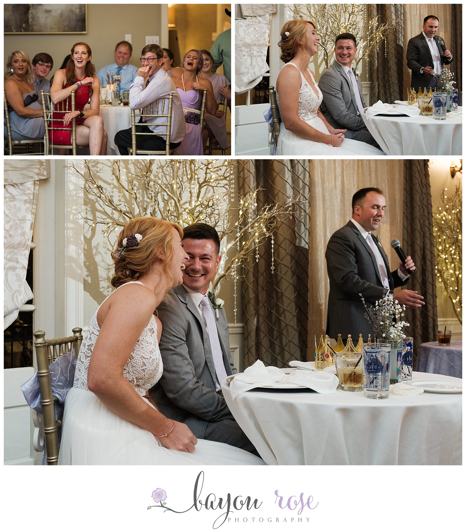 Guests laugh at wedding speech