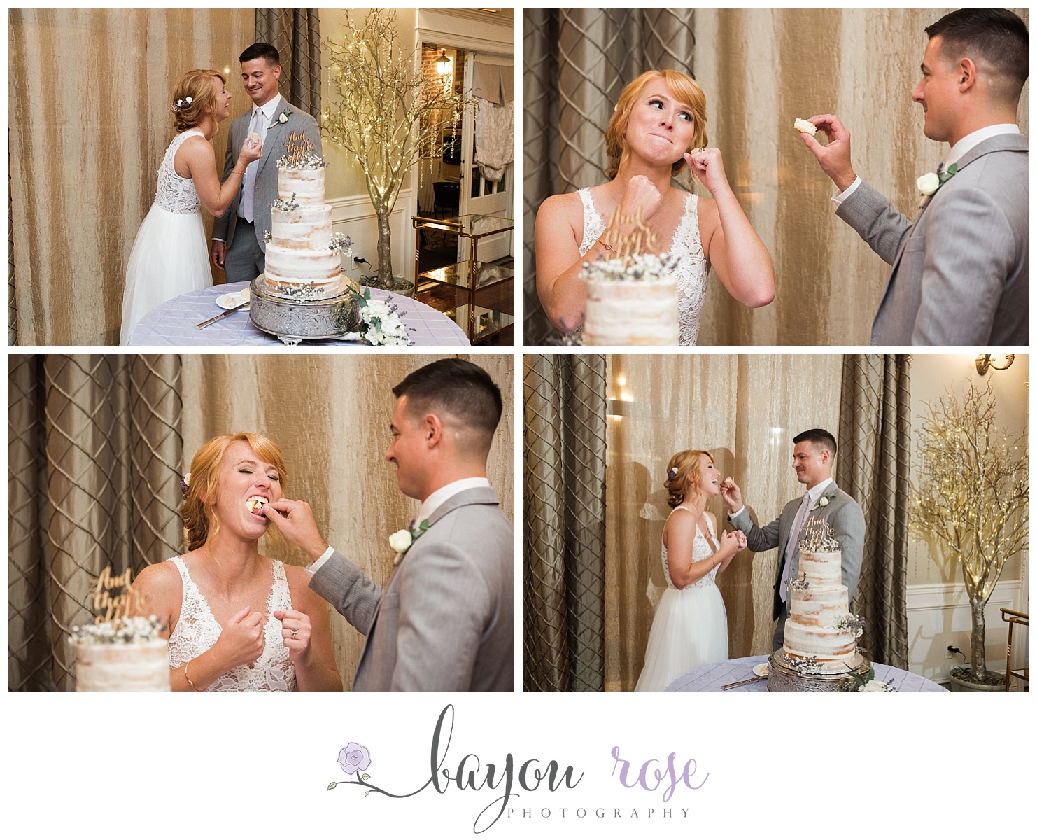 Bride threatens groom playfully during wedding cake cutting at The Gatehouse