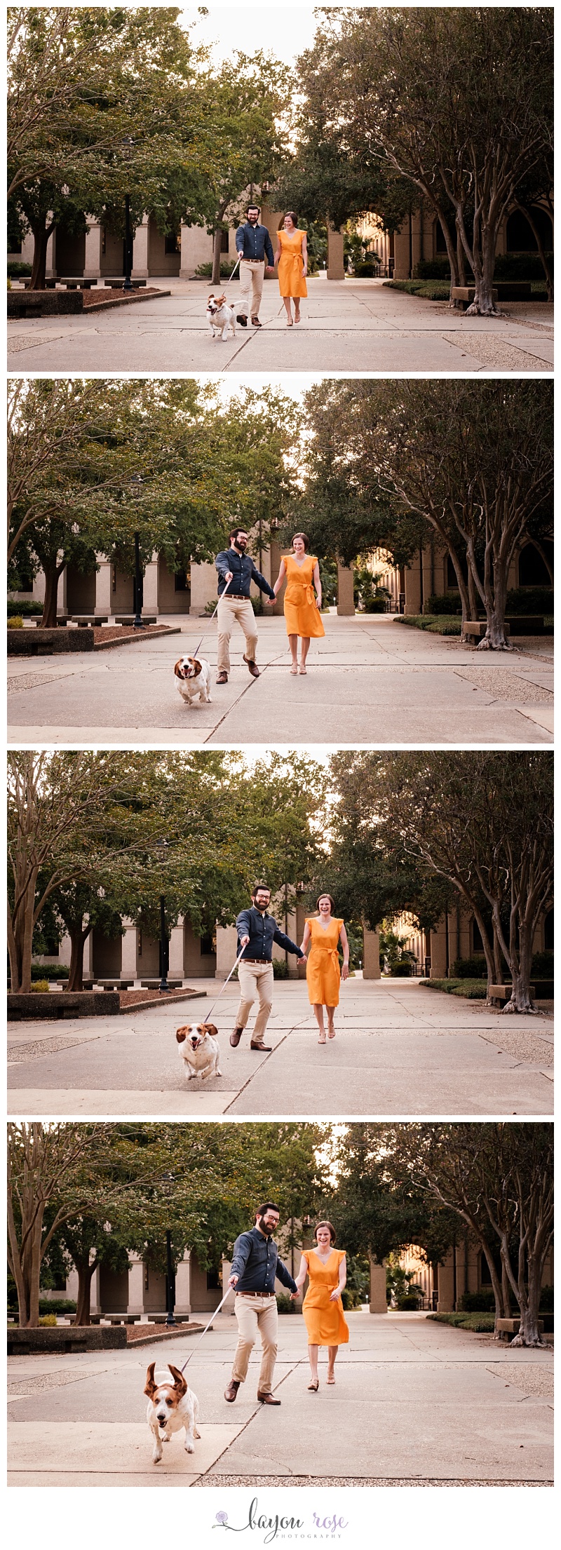 Dog running away from owners during engagement photo session