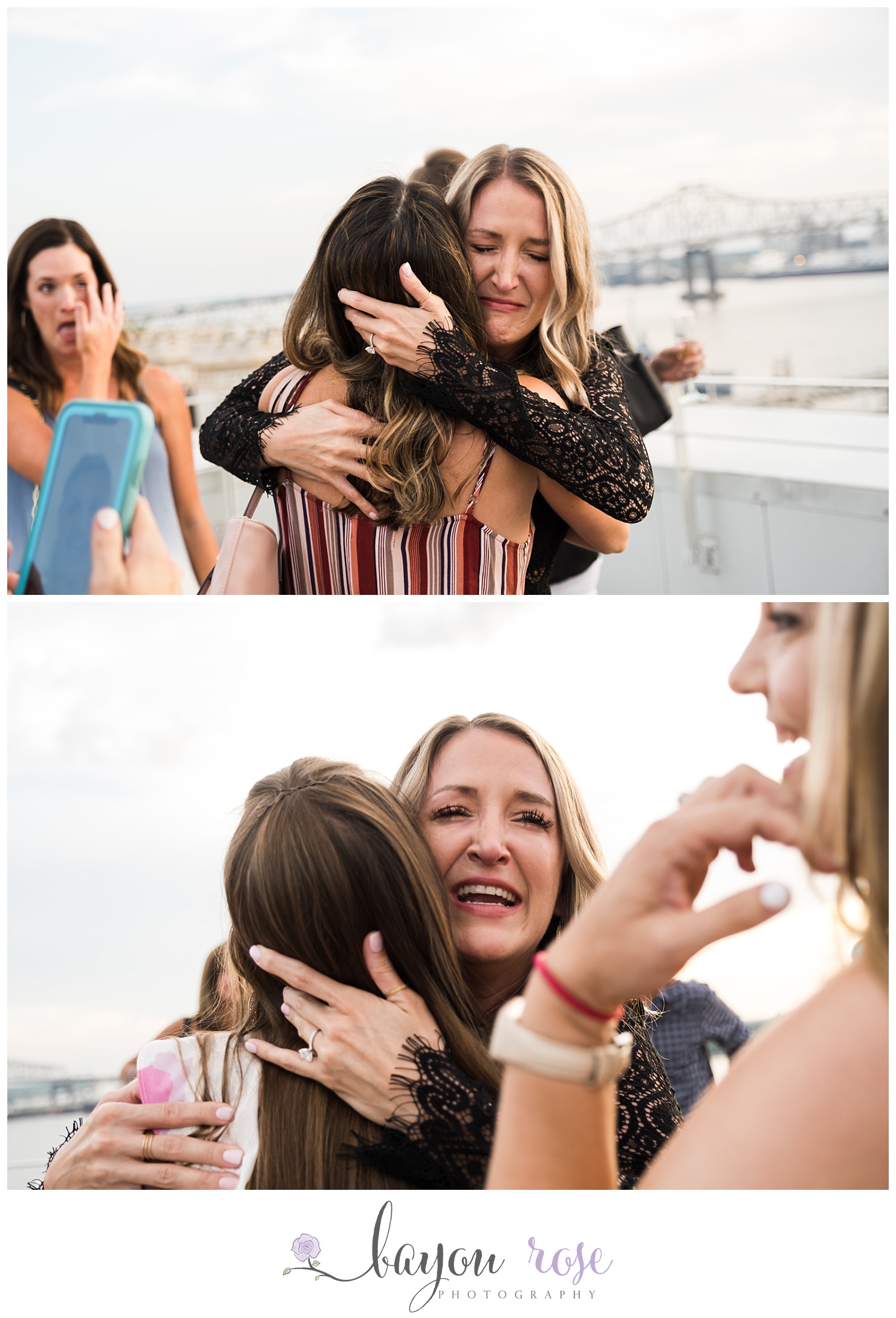 Woman crying and embracing friends and family after proposal at Tsunami's in downtown Baton Rouge