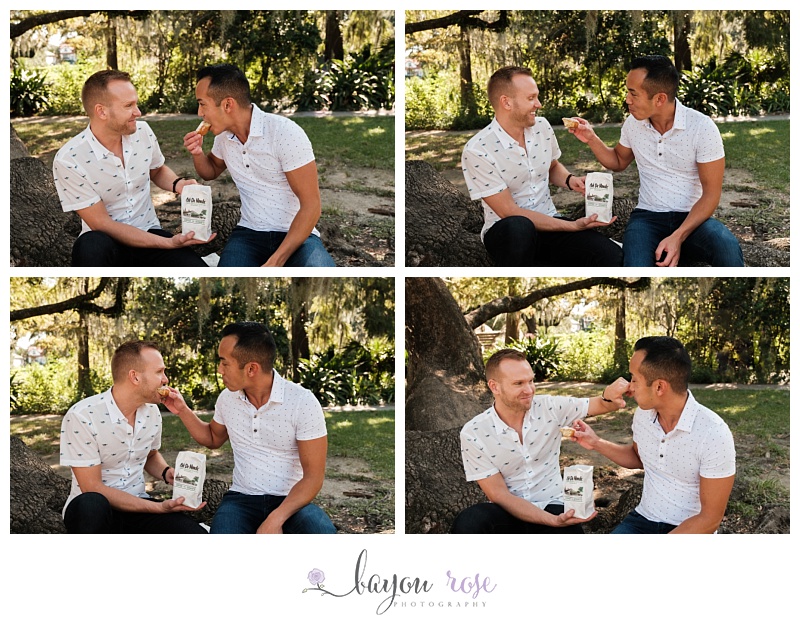 Couple eats beignets after surprise proposal in New Orleans City Park