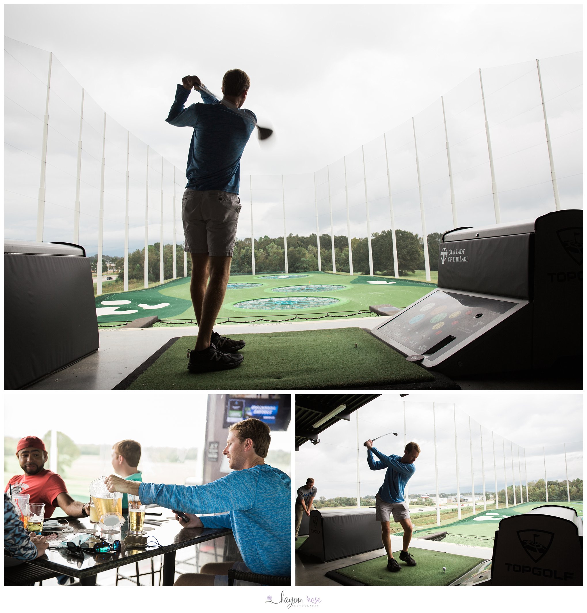 Groom playing golf at Top Golf before wedding