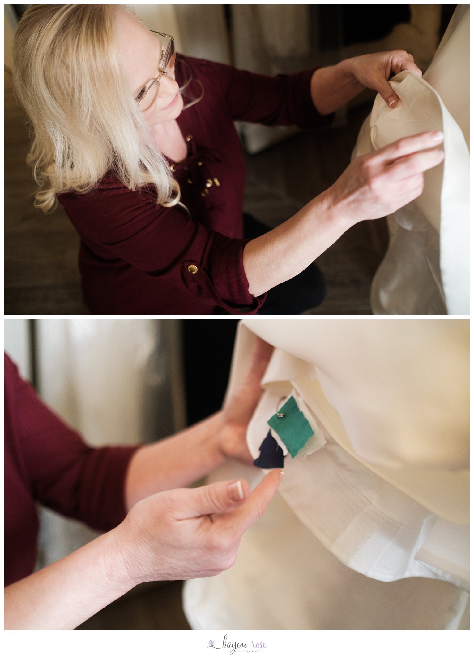 Mom pinning sentimental scraps of fabric to bride's wedding dress