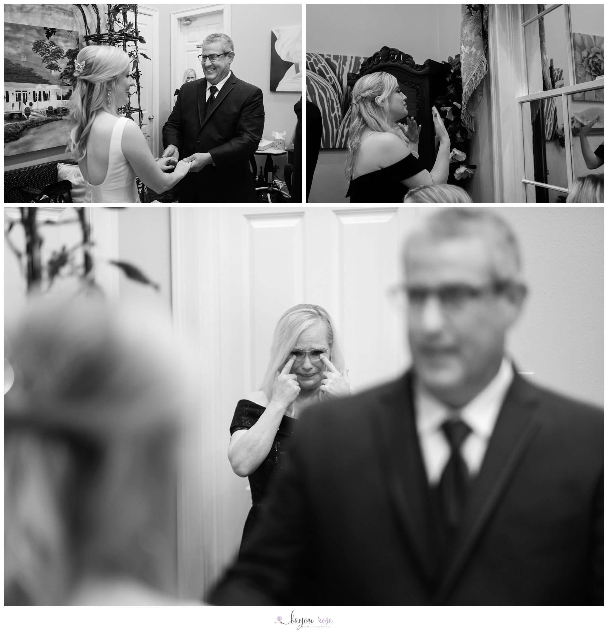 Emotional first look photos on wedding day with dad and sister