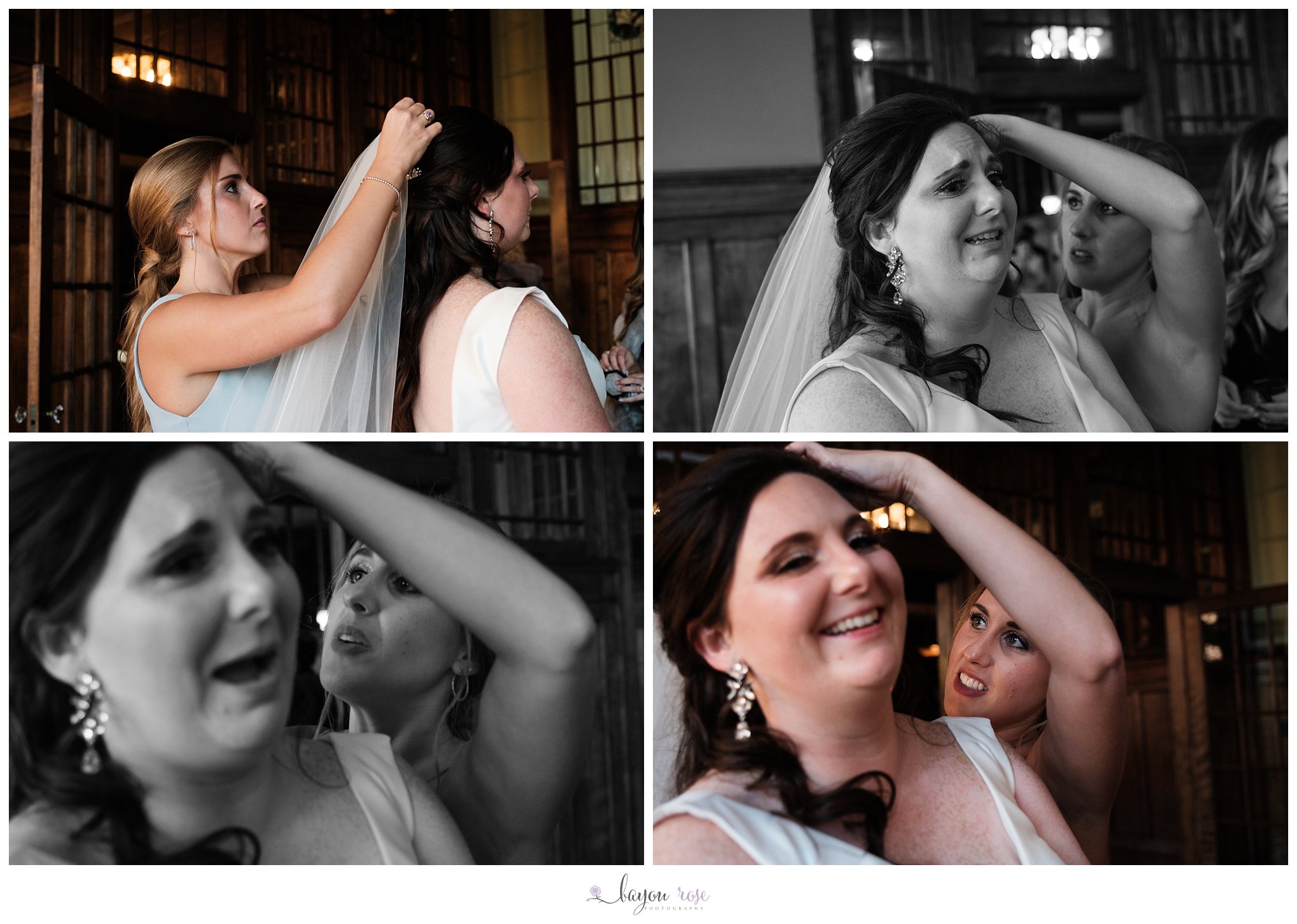 bride grimacing as bridesmaid puts in her wedding veil