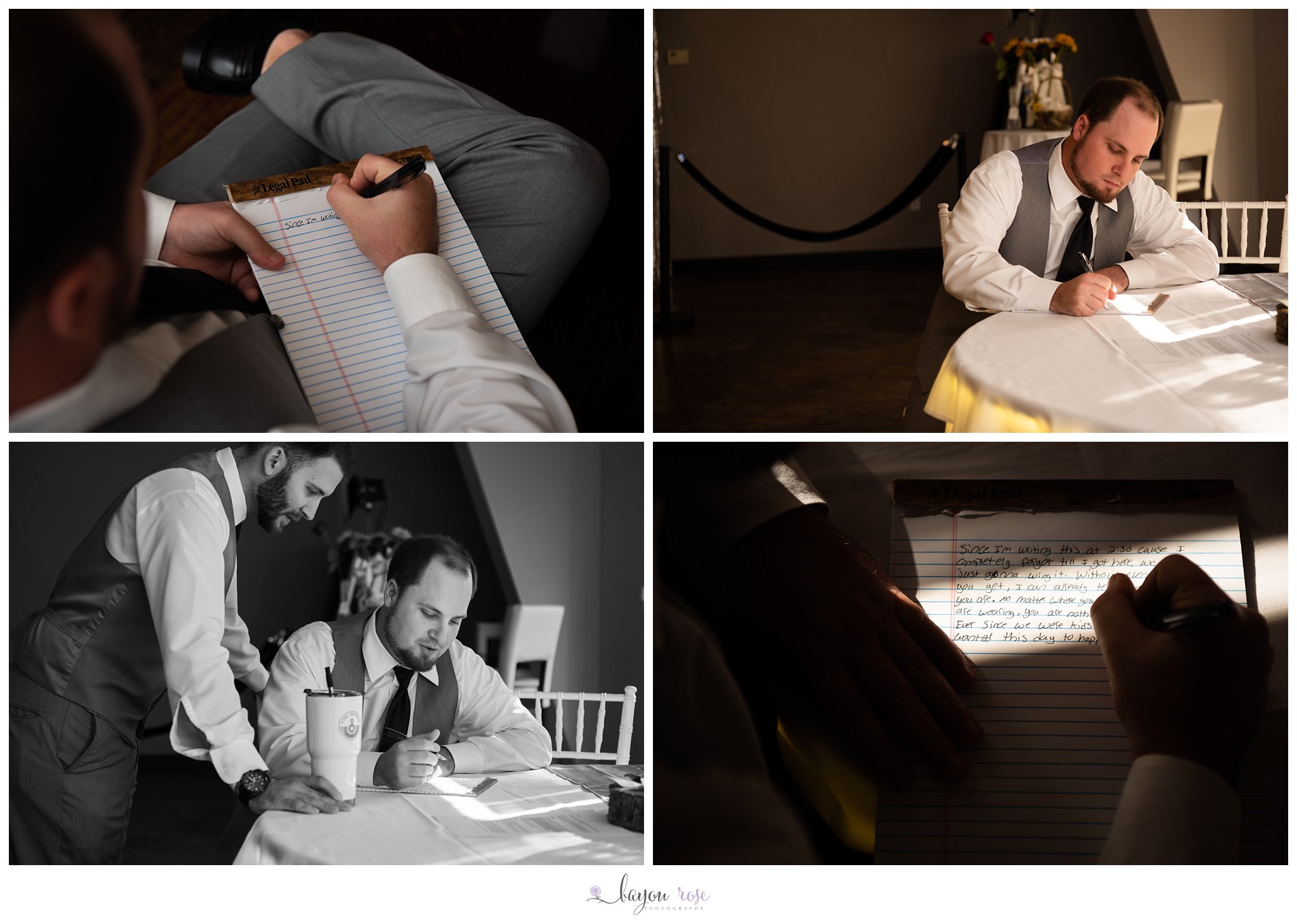 groom writing letter on wedding day