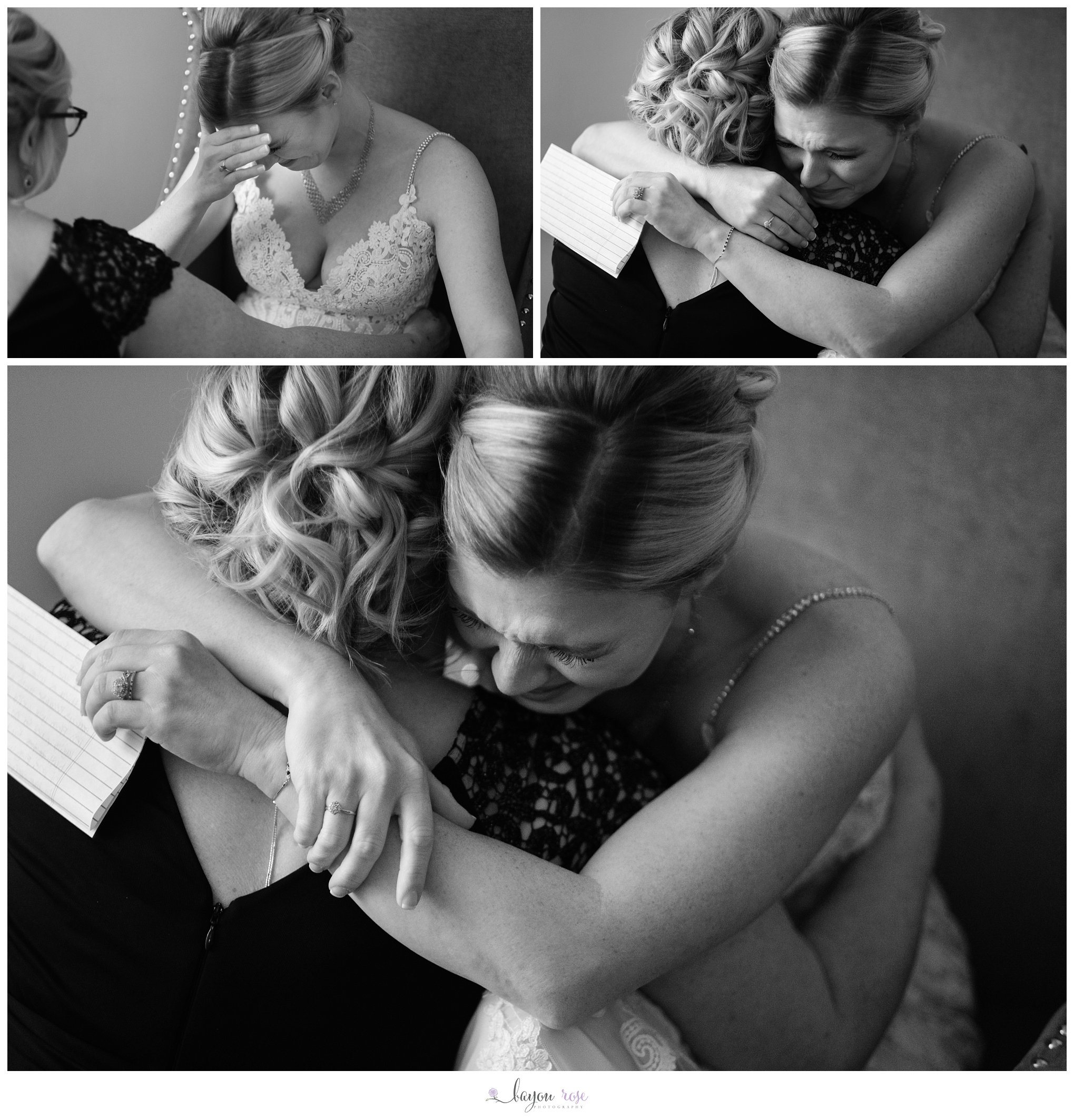 emotional moments of bride crying while mom comforts her on her wedding day