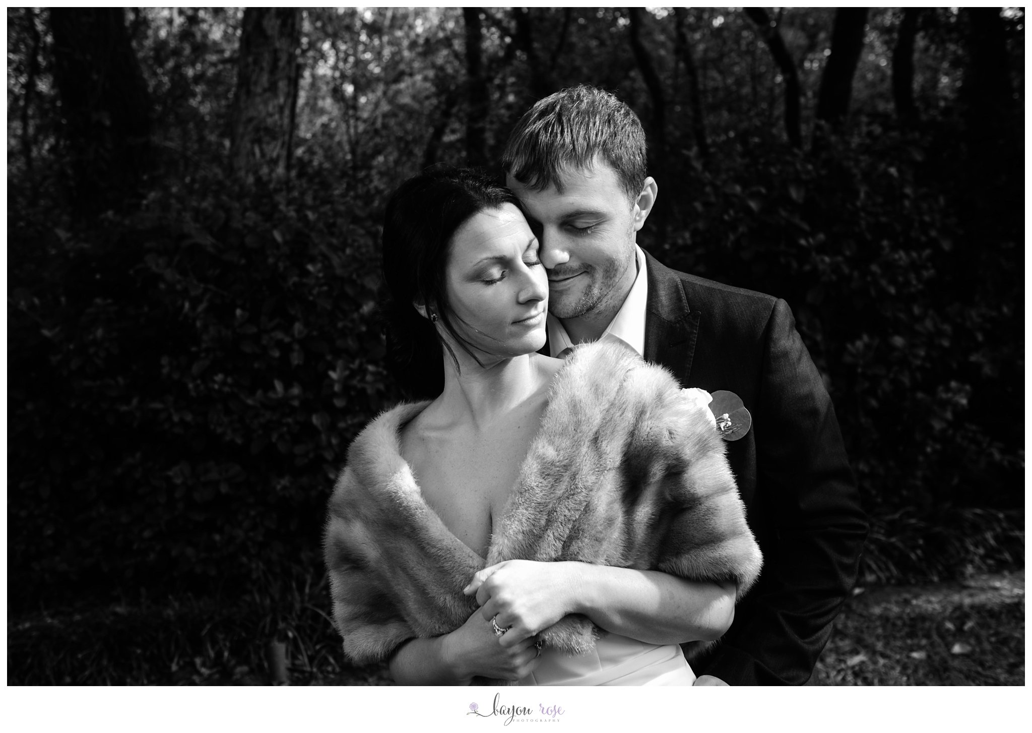 black and white elopement wedding photo of bride and groom