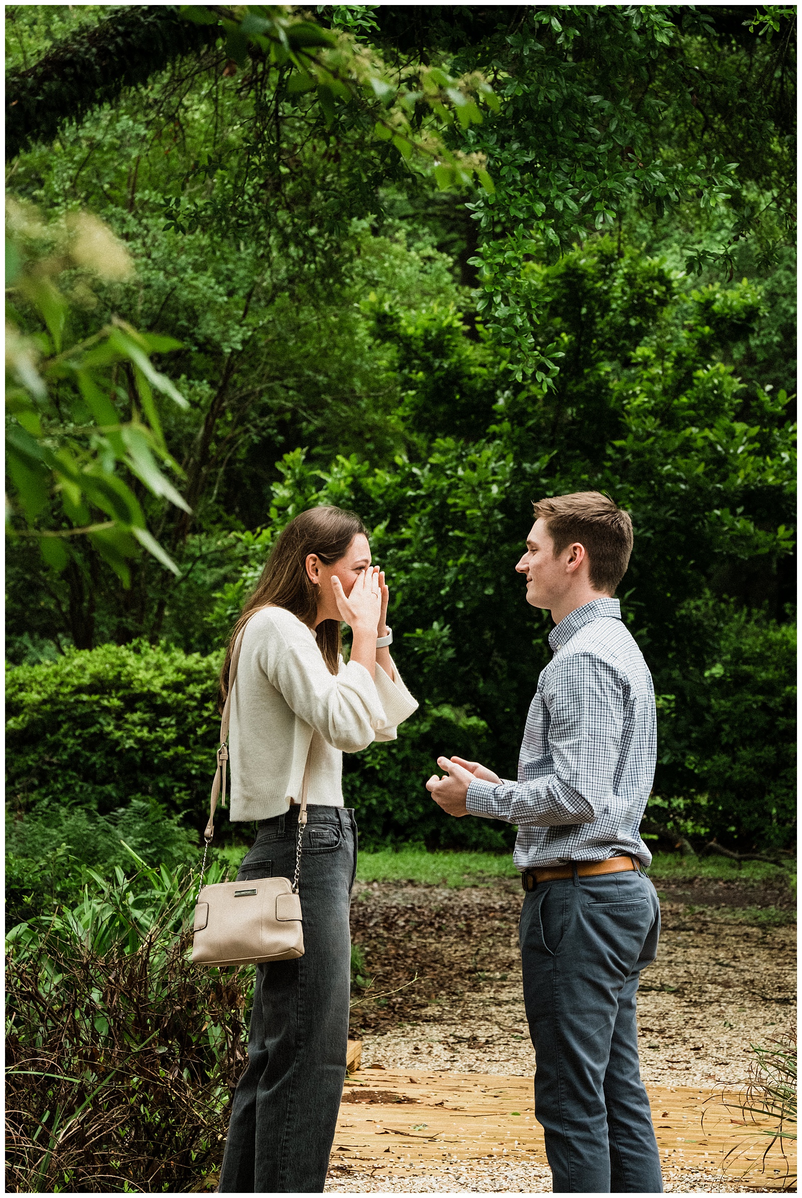 Woman crying in surprise after surprise proposal photography in Baton Rouge