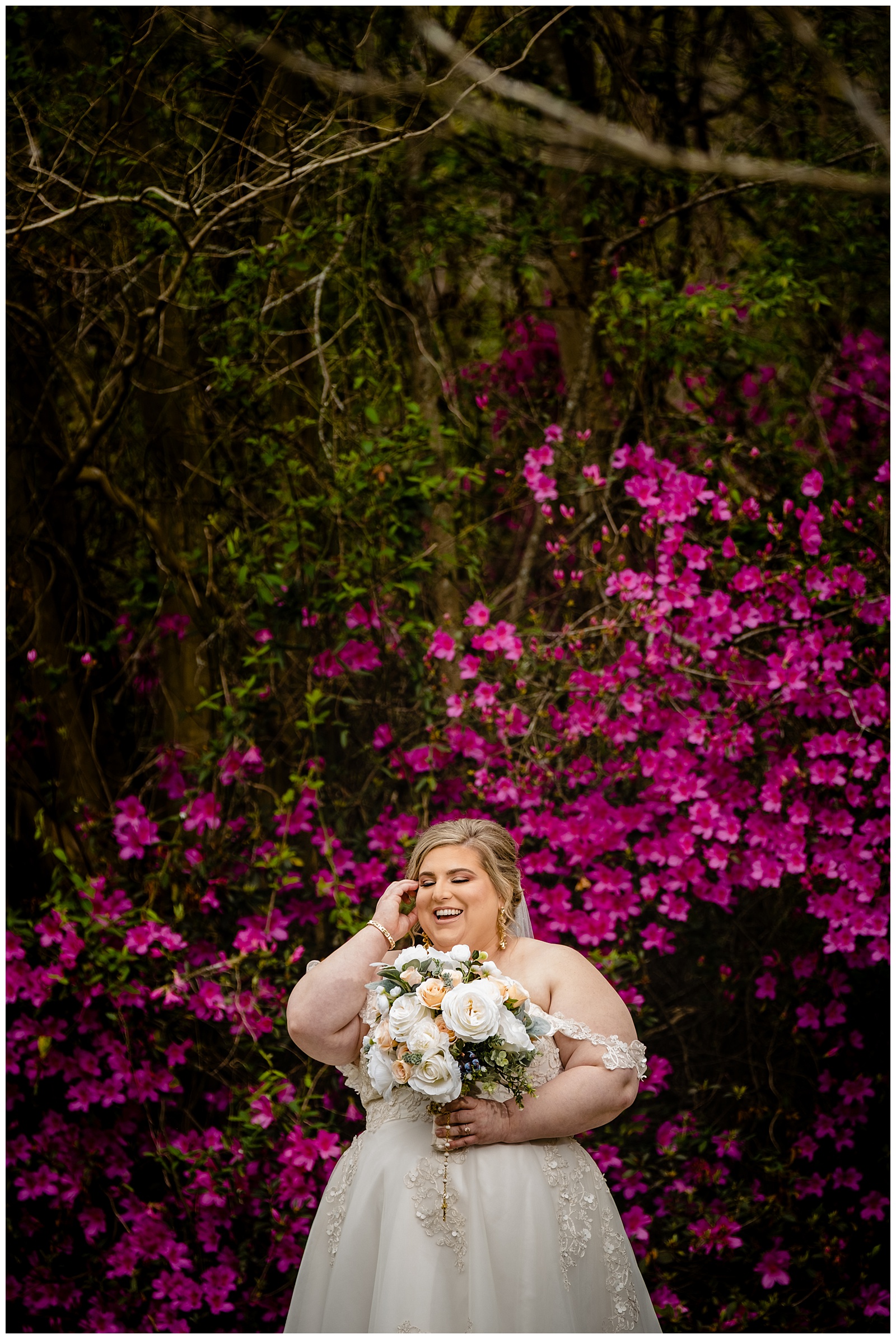 Laughing bride in outdoor bridal photography session