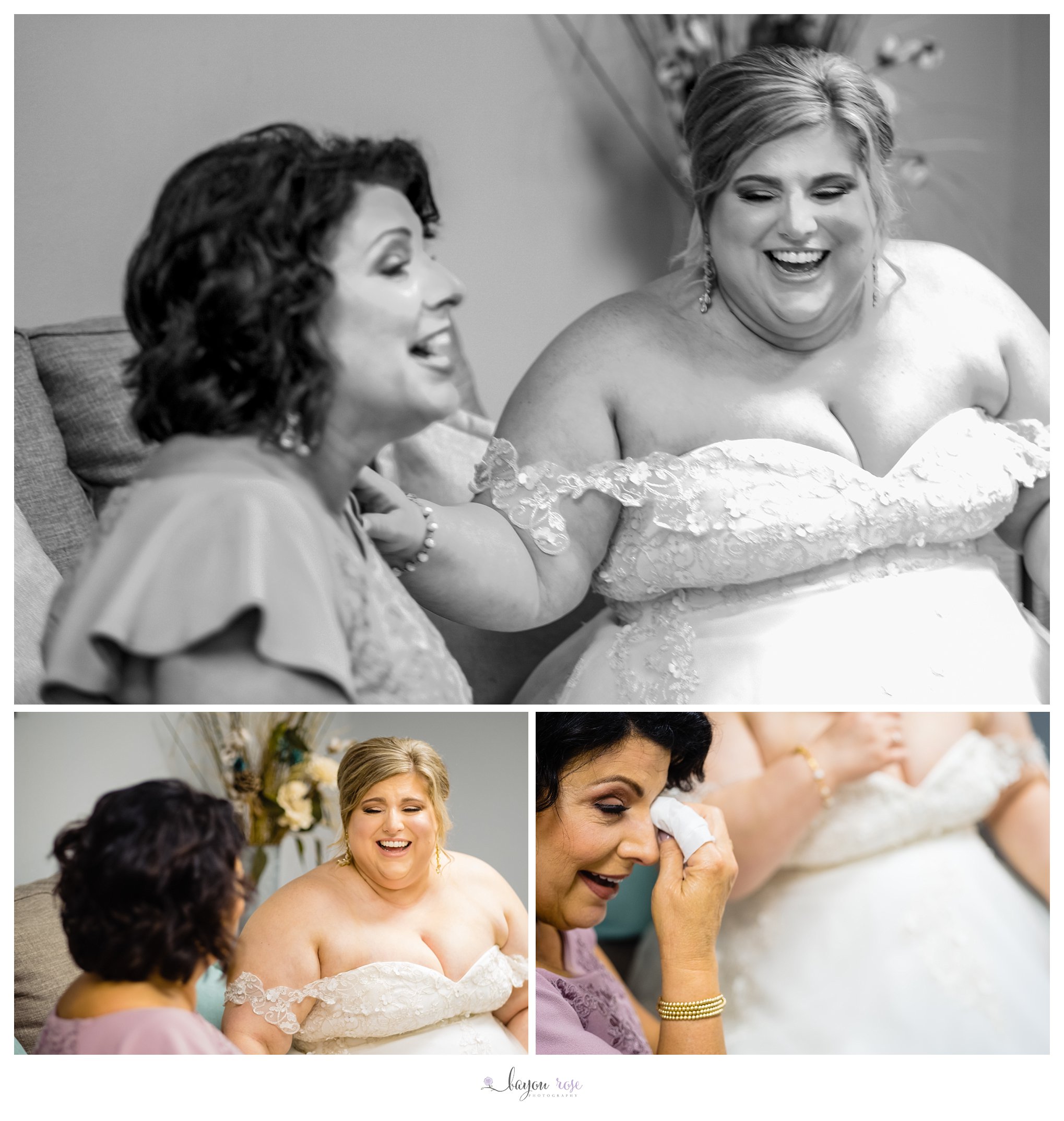 bride and mother laughing together