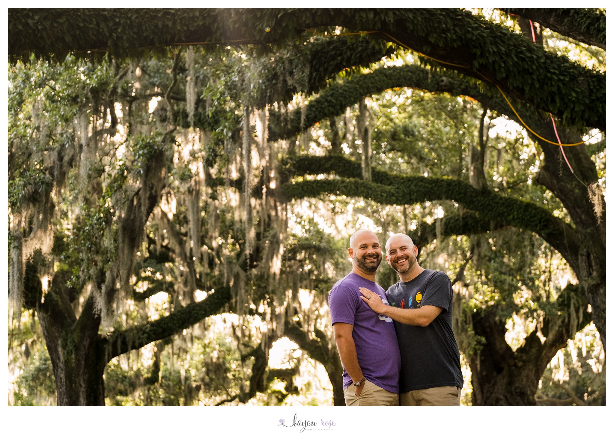 LGBTQ engagement photo under the oaks at City Park New Orleans