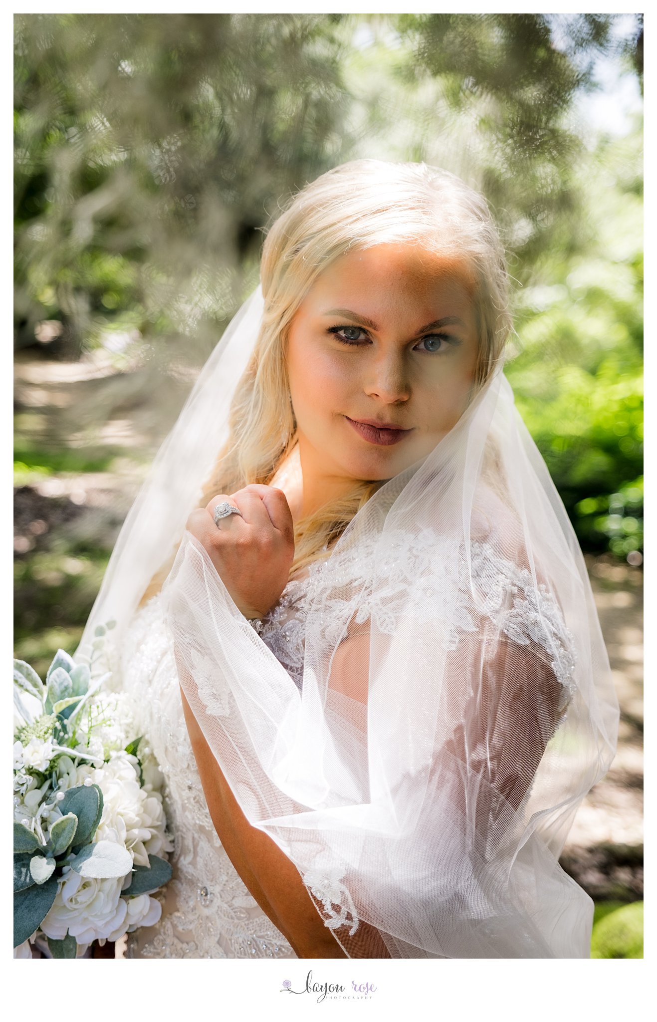 Photo of bride at Rosedown photographed through Spanish moss