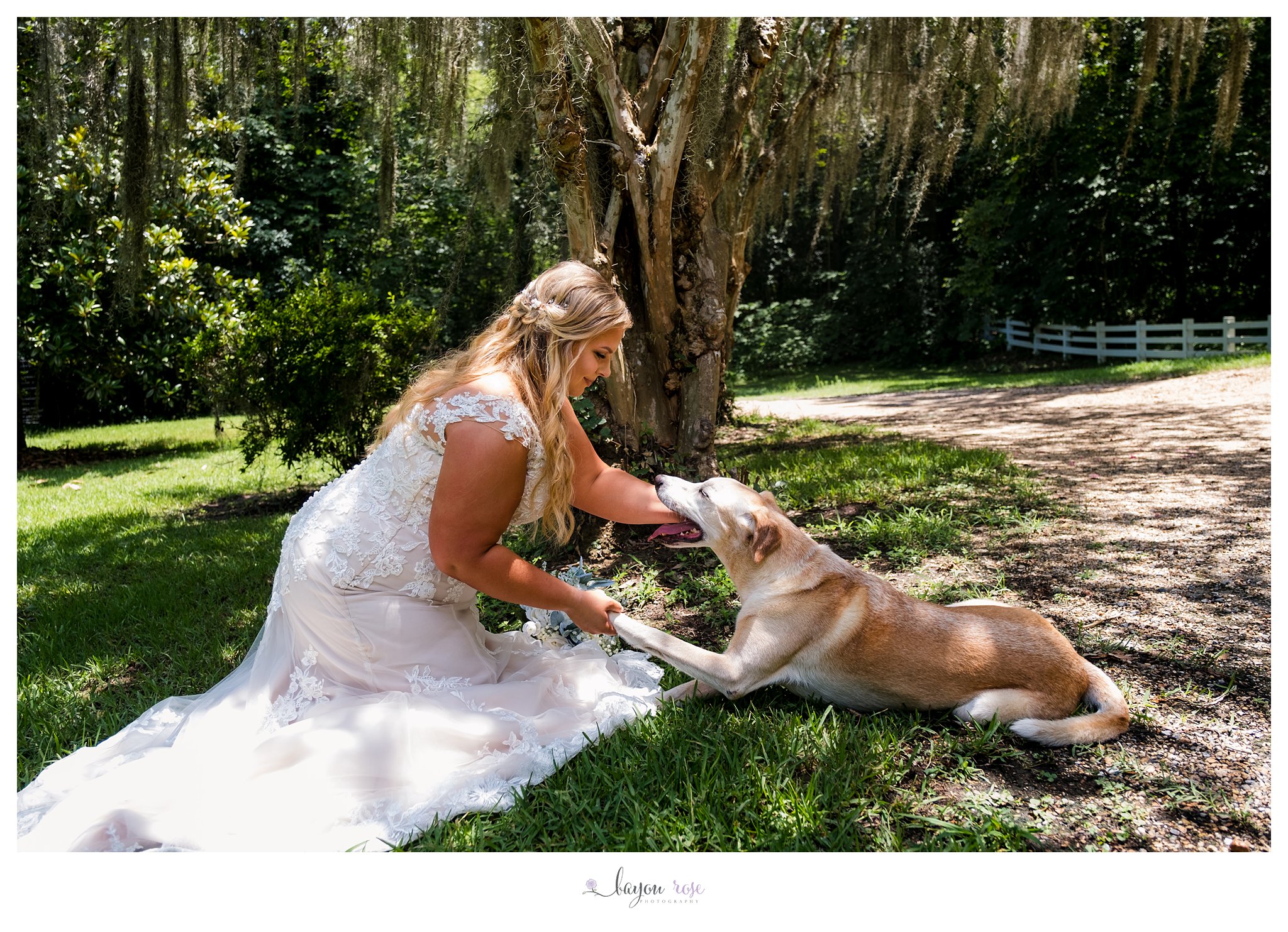 bride with her dog on wedding day