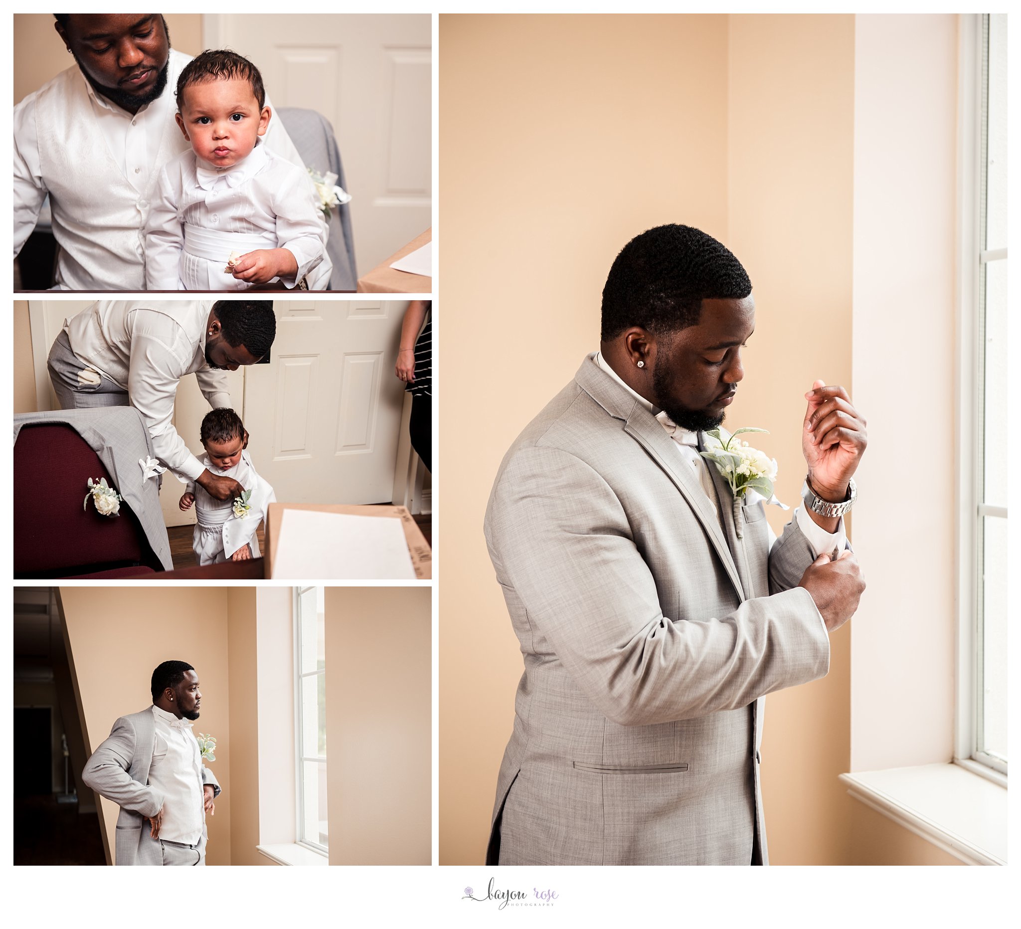 groom getting ready for wedding day with son