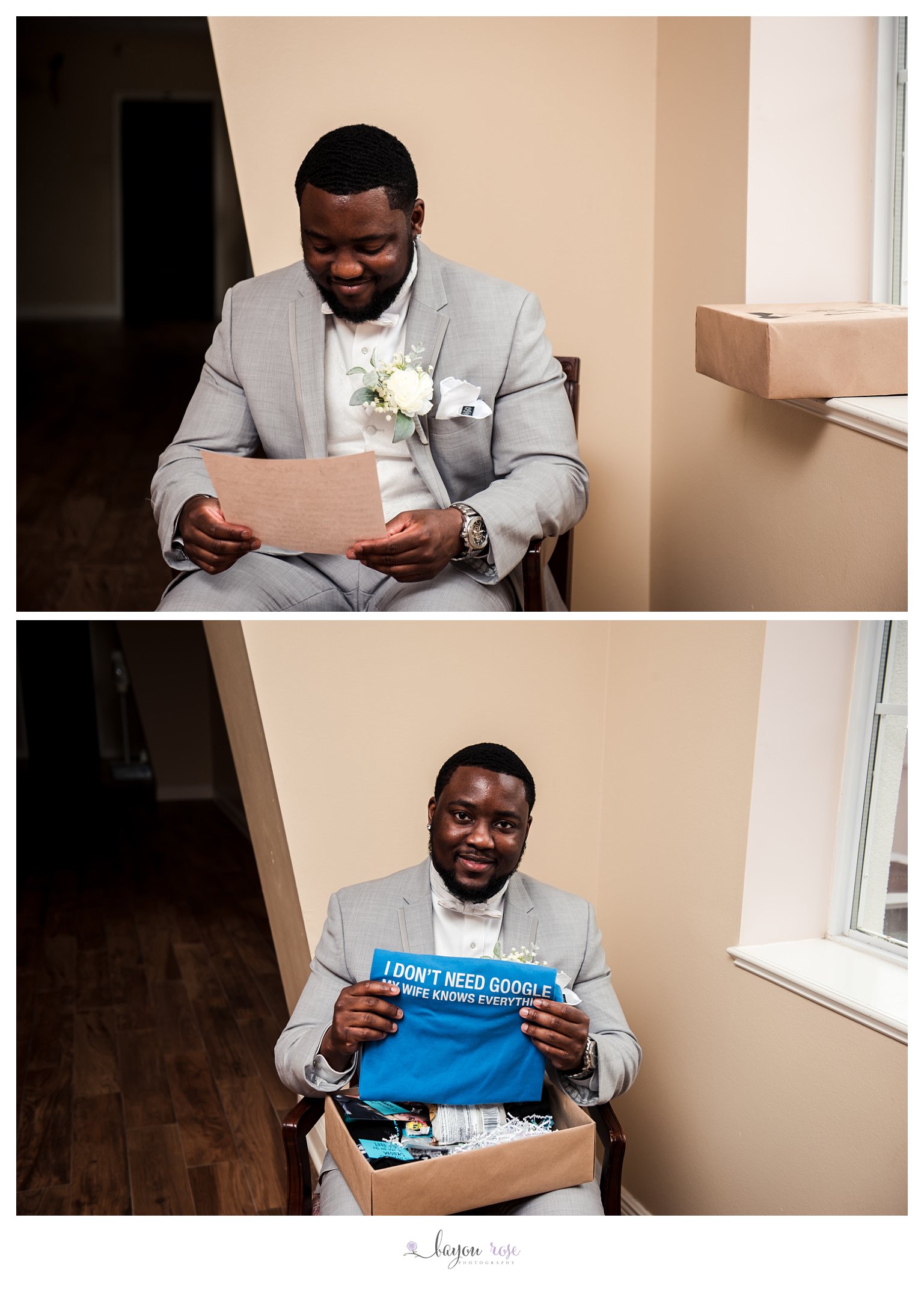 groom opening letter and gift from bride on wedding day