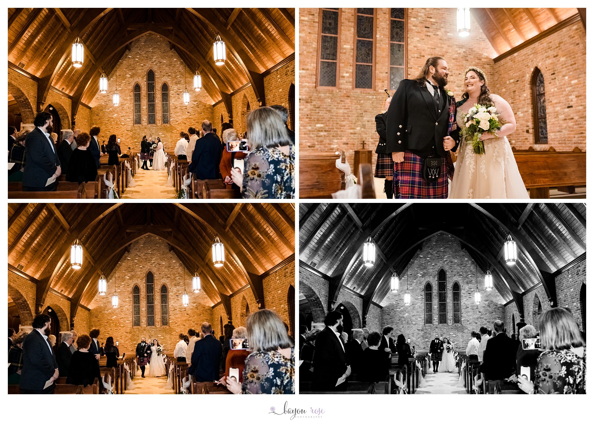 Scottish bagpipes piping couple down the aisle for wedding