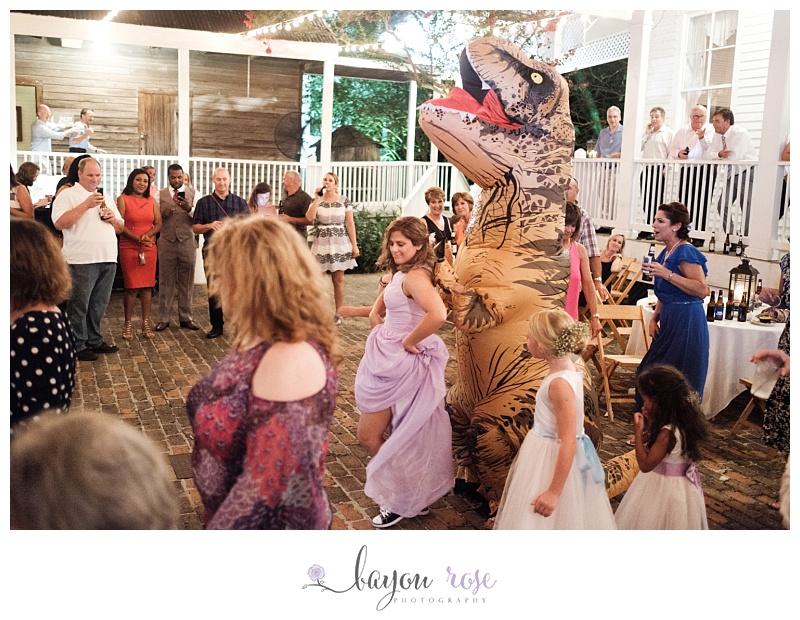 Gay wedding reception photo with dinosaur
